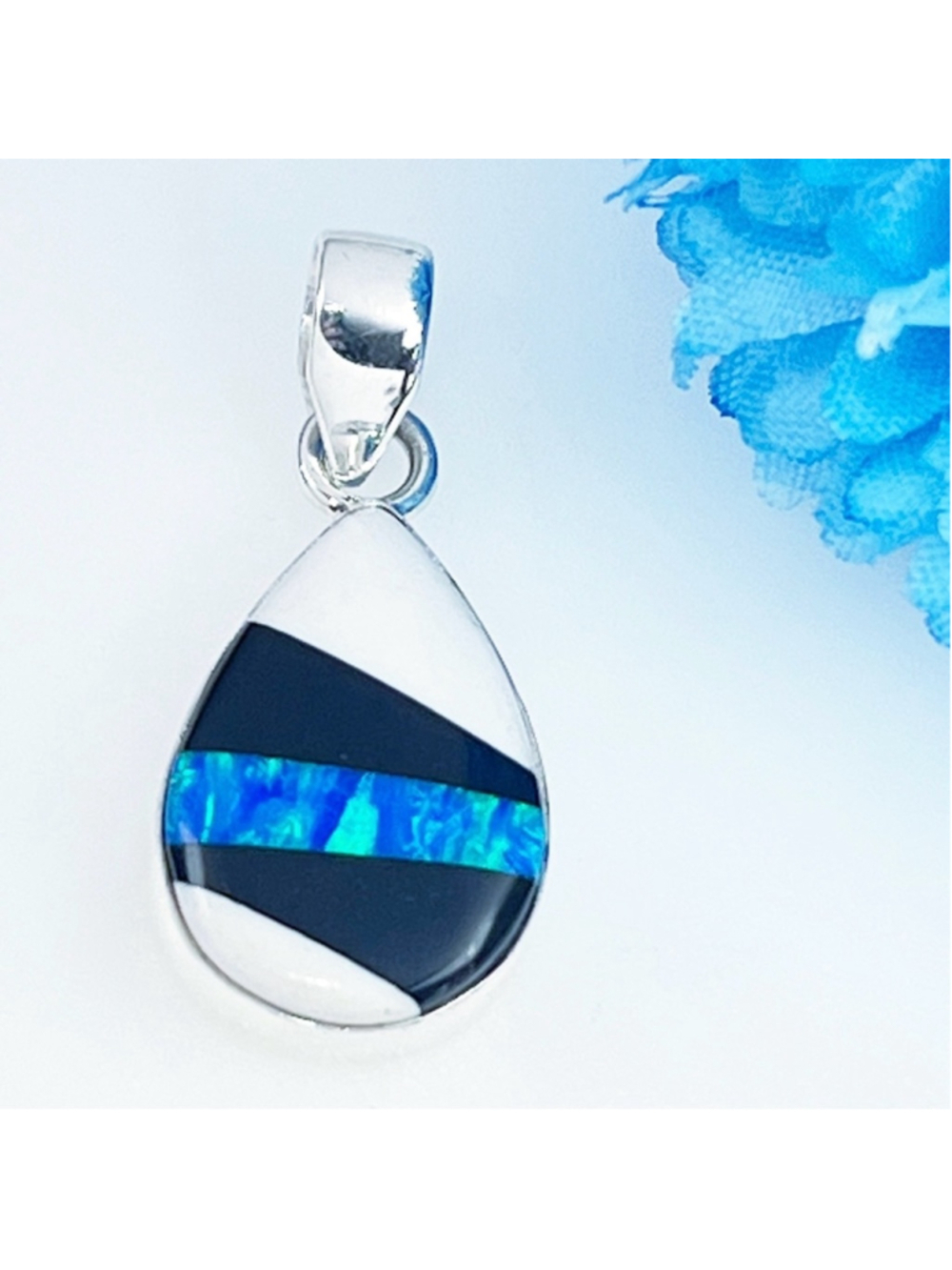 Sterling Silver 925 Blue Fire Opal Pendant Shell Onyx Inlay Stripe New